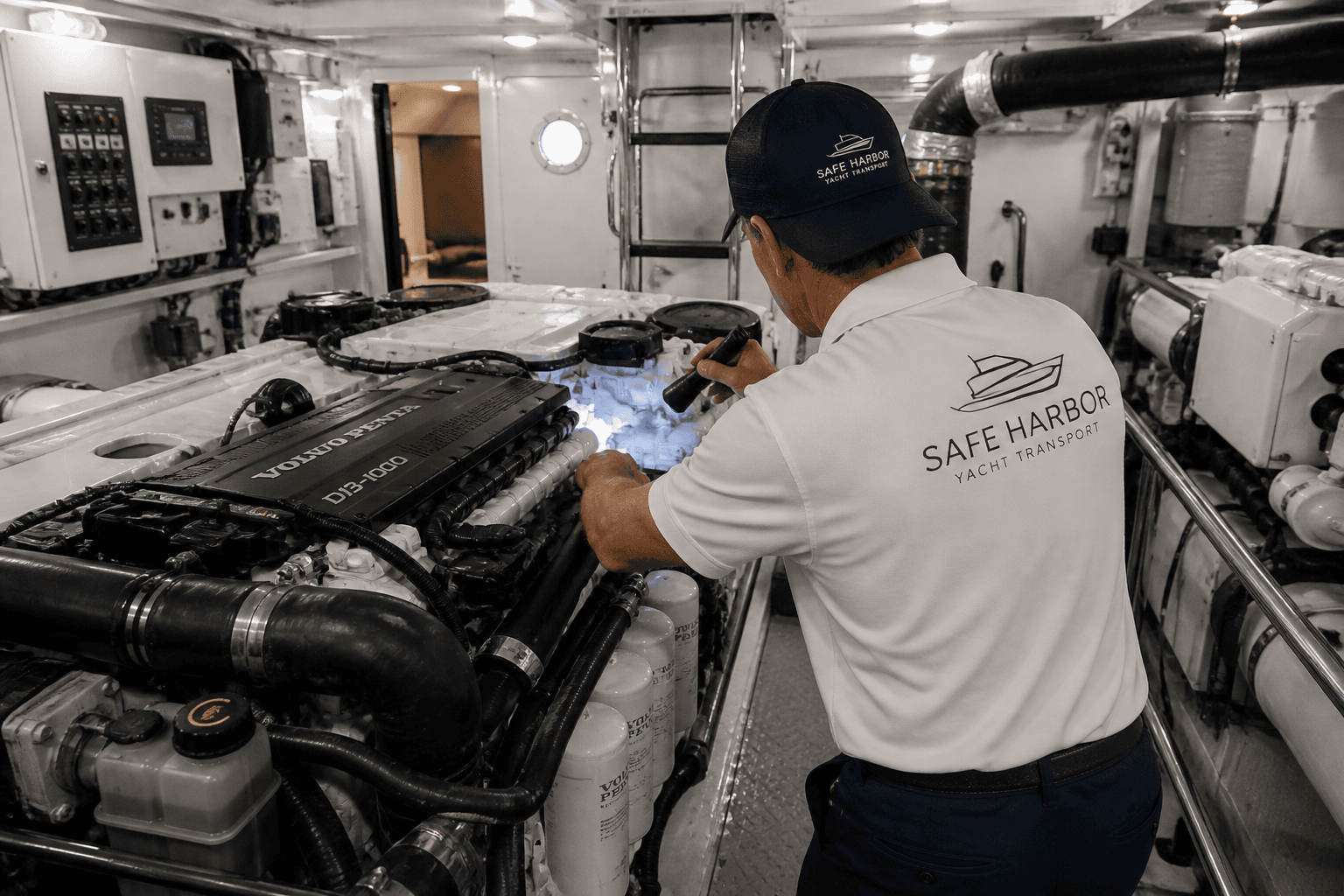 Licensed yacht captain performing pre-delivery engine inspection